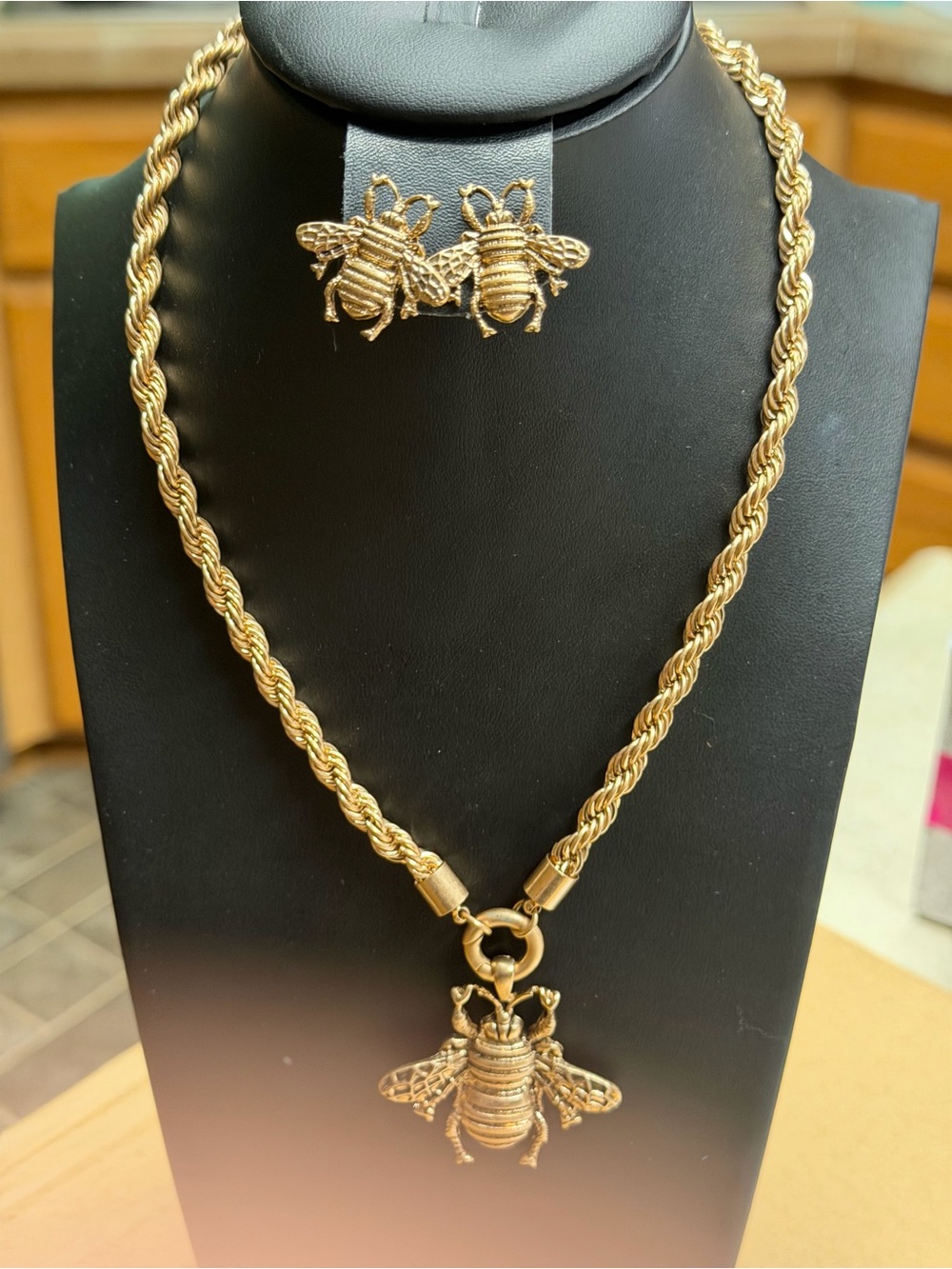 Gold Bee Pendant Necklace with Matching Bee Stud Earrings - Gold